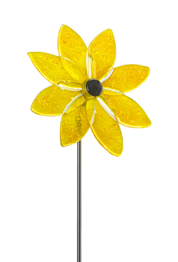 Gelbe Blume aus Glas auf Edelstahlstab, winterharte Glaskunst für den Garten von ridany-glas Glaskunst Kleindoettingen